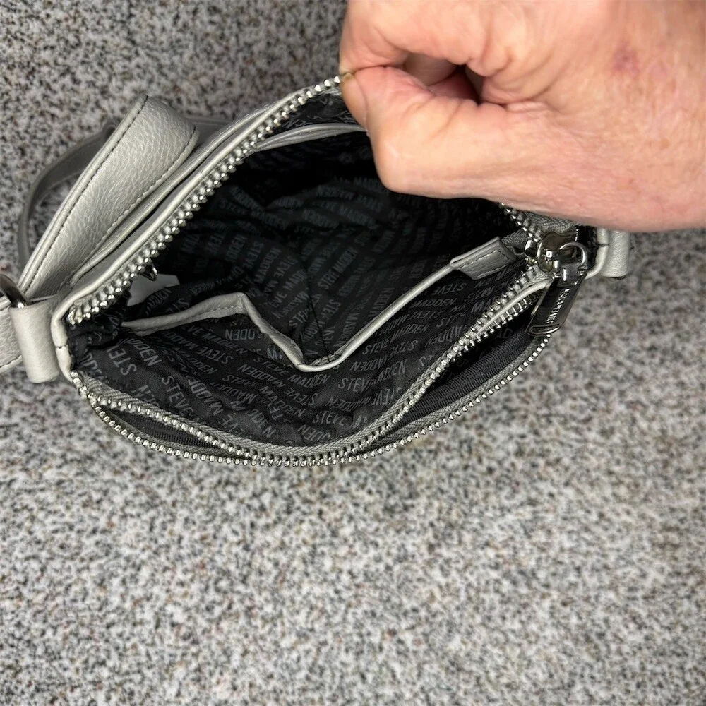 Steve Madden Crossbody Bag Womens Gray Quilted Double Zip Adjustable Strap - Picture 13 of 15